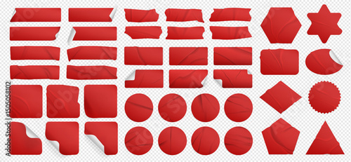 Crumpled red plastic paper sticker strip, adhesive tape, sticky label or tag and torn pvc glued scotch tape with curled corner and wrinkled overlay grunge texture. Cellophane business sticker mockup.