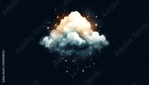 Minimalist watercolor illustration of Illuminated cloud, ethereal glow in dark space