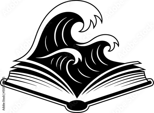 a bold black silhouette of an open book with pages transforming into ocean waves, symbolizing knowledge and chaos in a surreal minimalist tattoo concept on a white background
