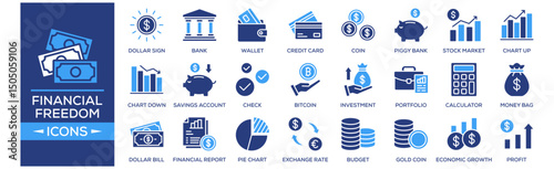 Financial Freedom icon set. Containing design Dollar Sign, Bank , Wallet, Credit Card, Coin. Solid icon collection.