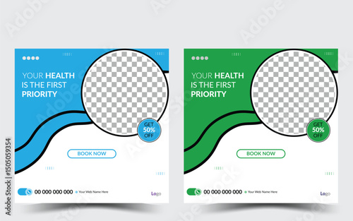 Medical social media template with bule and green color.