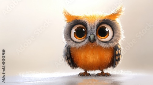 Charming cartoon owl with big eyes perched on a branch surrounded by colorful autumn leaves under gentle sunlight