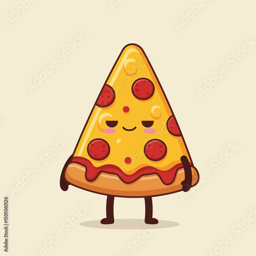 Cartoon Pizza Slice Character with Face and Pepperoni Standing