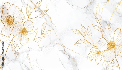 white marble with golden gray veins, elegant floral pattern in golden color. aesthetic background