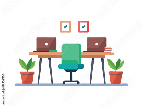 Office desk with laptops and chairs logo vector illustration isolated on white background