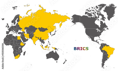 世界地図とBRICSの加盟国、2025年5月現在、大平洋