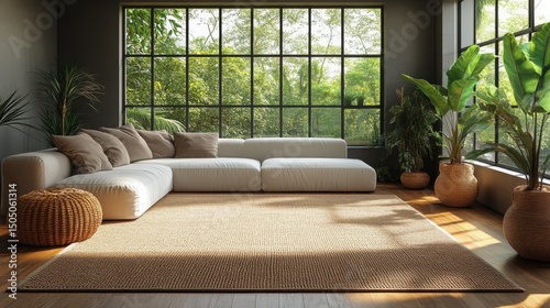 The spacious room features a light colored rug, inviting bean bag chairs, large windows revealing snowy mountains, and a warm fireplace for a serene winter atmosphere.