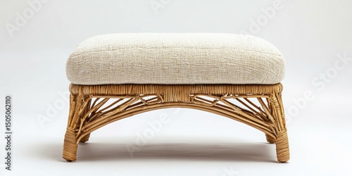 Light-colored rattan ottoman with soft fabric cushion on white background