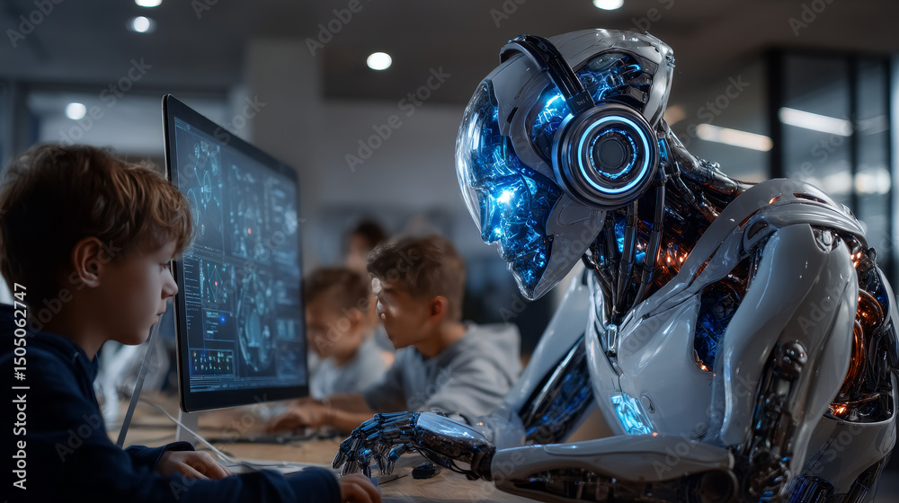 Fototapeta premium Hands of robots touch educational technology, integrating digital tools, interactive platforms, and AI-driven systems to enhance teaching and learning. Adaptive learning, EdTech fosters engagement.