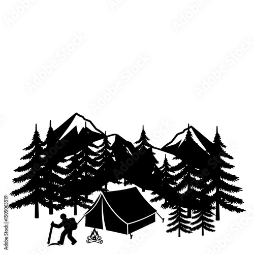 A hiker camps near a bonfire in a mountainous forest, illustrated in a black silhouette style.