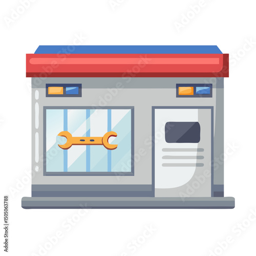 Vector illustration of repair shop front view icon, isolated on white background