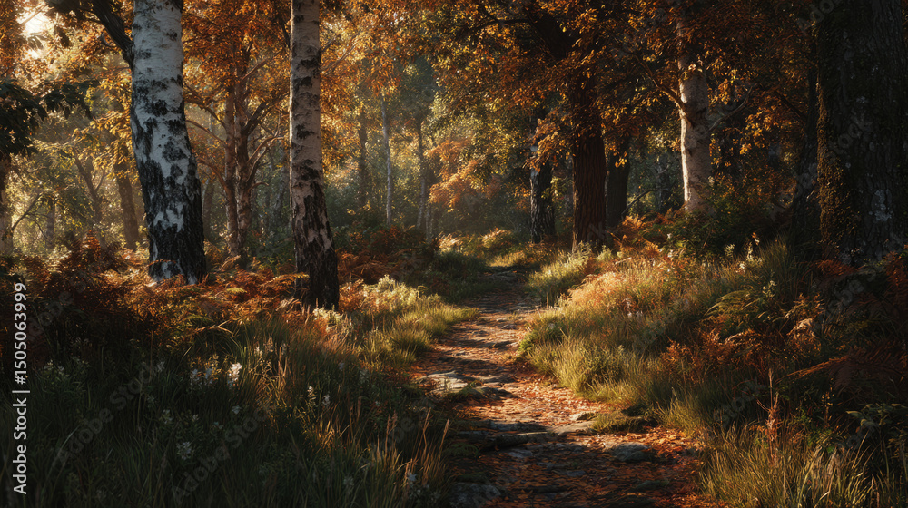 Obraz premium autumn forest path gently illuminated by sunlight