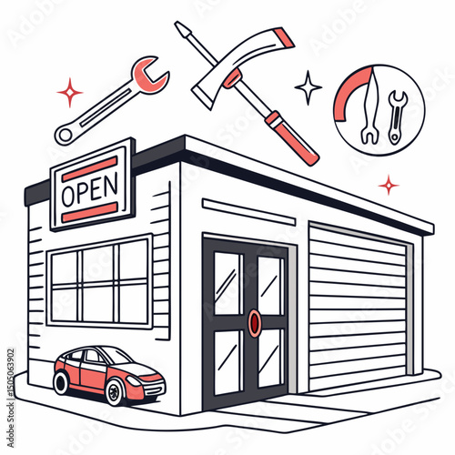 Vector illustration of repair shop front view icon, isolated on white background