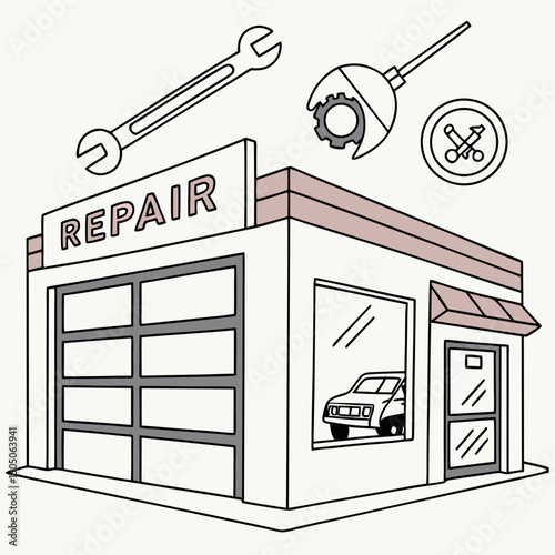 Vector illustration of repair shop front view icon, isolated on white background