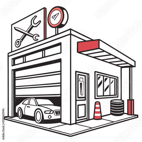 Vector illustration of repair shop front view icon, isolated on white background