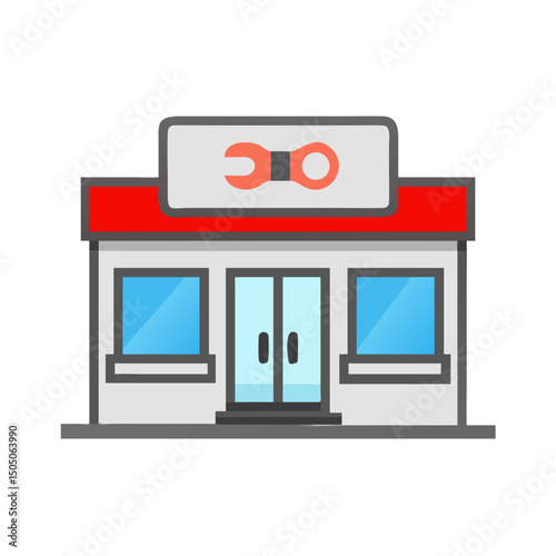 Vector illustration of repair shop front view icon, isolated on white background