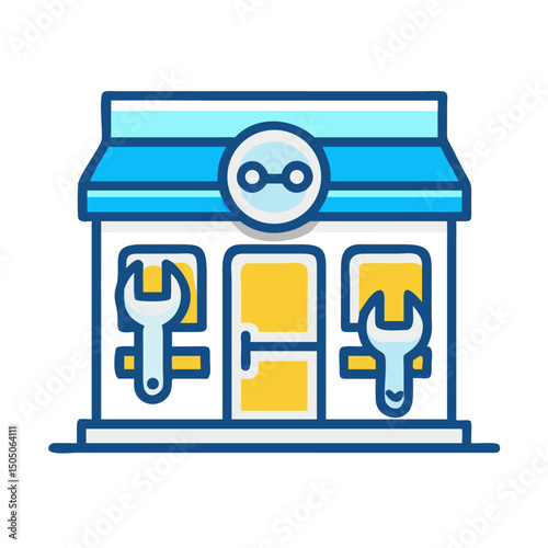 Vector illustration of repair shop front view icon, isolated on white background