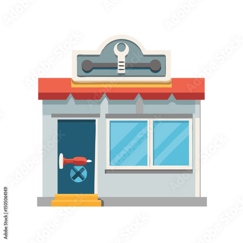Vector illustration of repair shop front view icon, isolated on white background