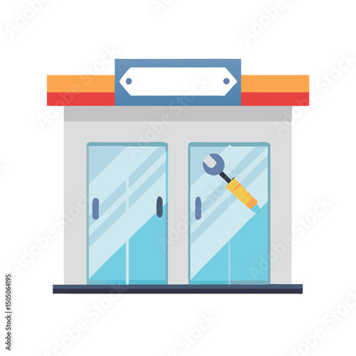Vector illustration of repair shop front view icon, isolated on white background
