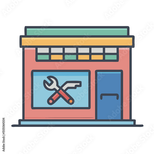 Vector illustration of repair shop front view icon, isolated on white background