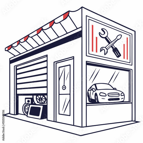 Vector illustration of repair shop front view icon, isolated on white background