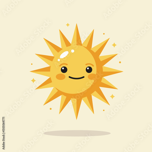 Smiling Cartoon Sun with Rays and Cheeks on Beige Background