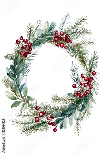 Elegant botanical Christmas wreath, adorned with berries and spruce, perfect for festive greeting cards.