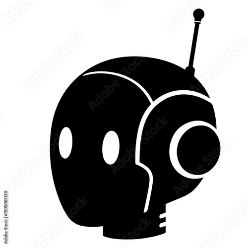 A black silhouette illustration of a robot head, showcasing a minimalist design.