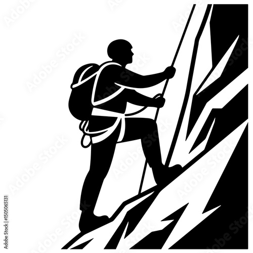 A climber ascends a steep rock face, illustrated in a bold black-and-white style.