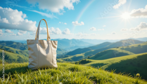 Eco-Friendly Tote Bag on a Scenic Mountain Meadow under Blue Sky