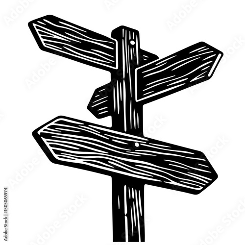 A wooden signpost with three directional arrows, illustrated in a black and white woodcut style.