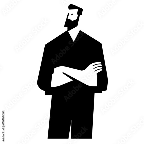 A man with arms crossed, in a minimalist black and white illustration style.