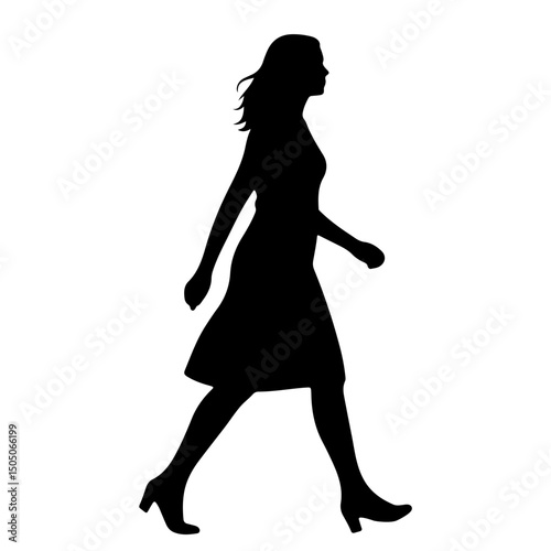 A woman in a dress walking, depicted as a black silhouette.