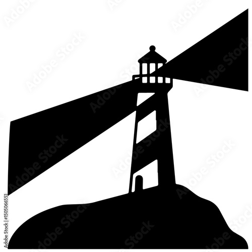 A lighthouse silhouette with beams of light, illustrated in black and white.
