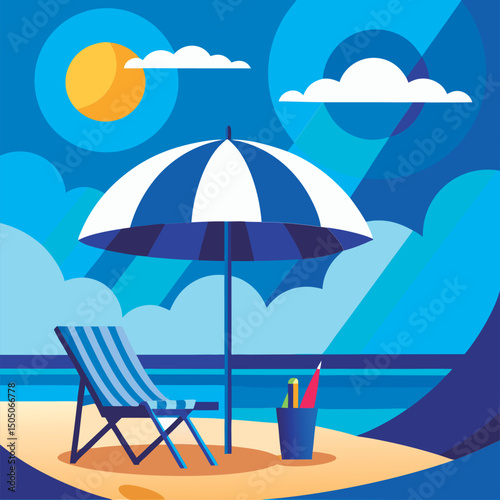 Beachside relaxation under a striped umbrella.
