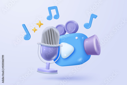 3d microphone with music note is symbol denoting a musical sound. mic record for music singing and audio tune or harmony tone concept. 3d microphone and melody notes icon vector render illustration