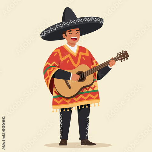 Man Playing Guitar Wearing Traditional Outfit and Sombrero Illustration