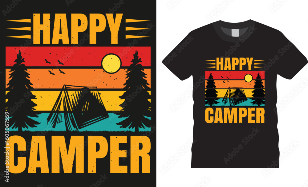 Fototapeta premium Happy camper, Camping therapy tent camp colorful Typography Vector t-shirt design.