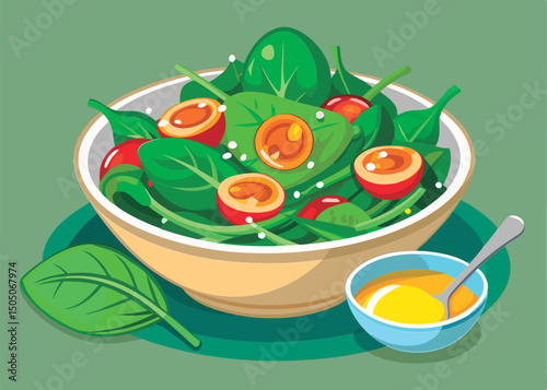 Fresh spinach salad with vinaigrette dressing.