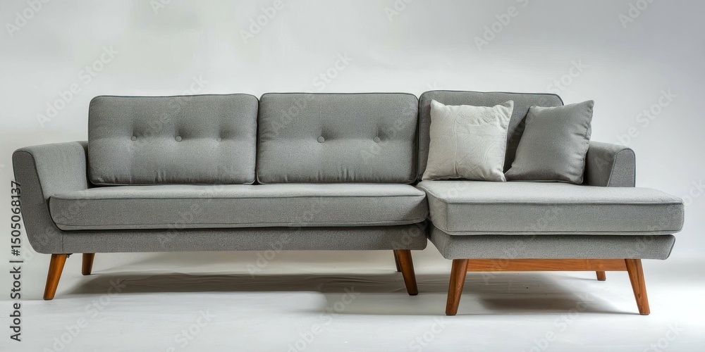 Fototapeta premium Modern fabric sofa with chaise lounge in light gray on white background
