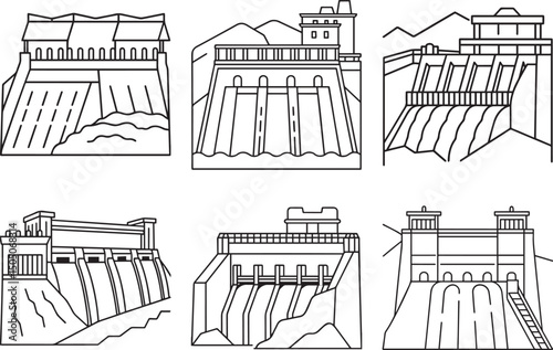 Set of Dam outline vector illustration line art	