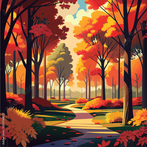 Autumn path through colorful woods.