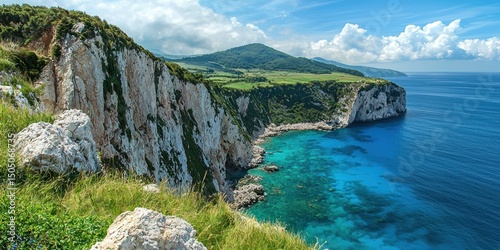 Fototapeta Naklejka Na Ścianę i Meble -  Green grass-covered cliffs plunging into the turquoise sea