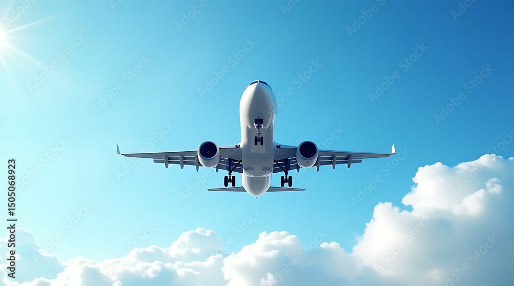 Obraz premium Majestic Airplane Soaring Through Sunny Skies A Breathtaking Aerial View
