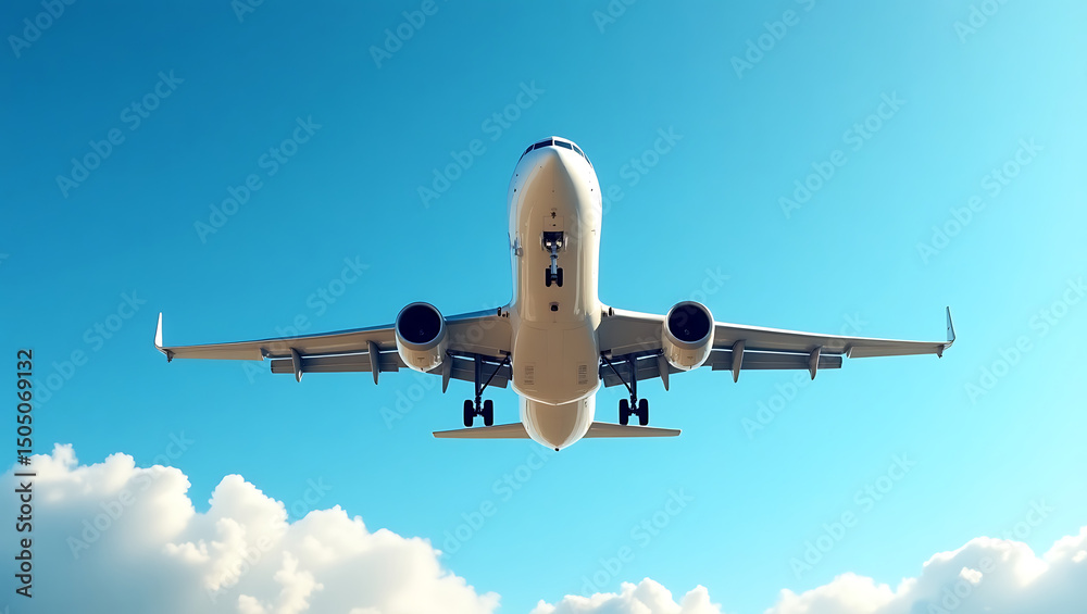 Fototapeta premium Majestic Airplane Soaring Through Azure Skies A Breathtaking Aerial View