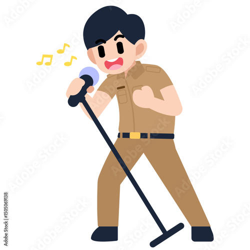 Illustration of a male civil servant singing with a microphone