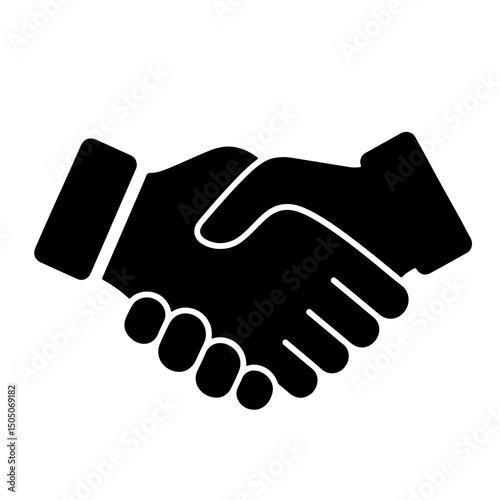 A black illustration of two hands shaking, symbolizing agreement and partnership.