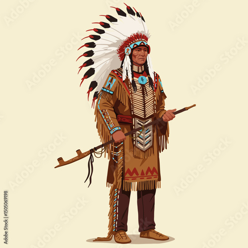 Illustrative Native American Figure in Traditional Dress Holding a Long Pipe