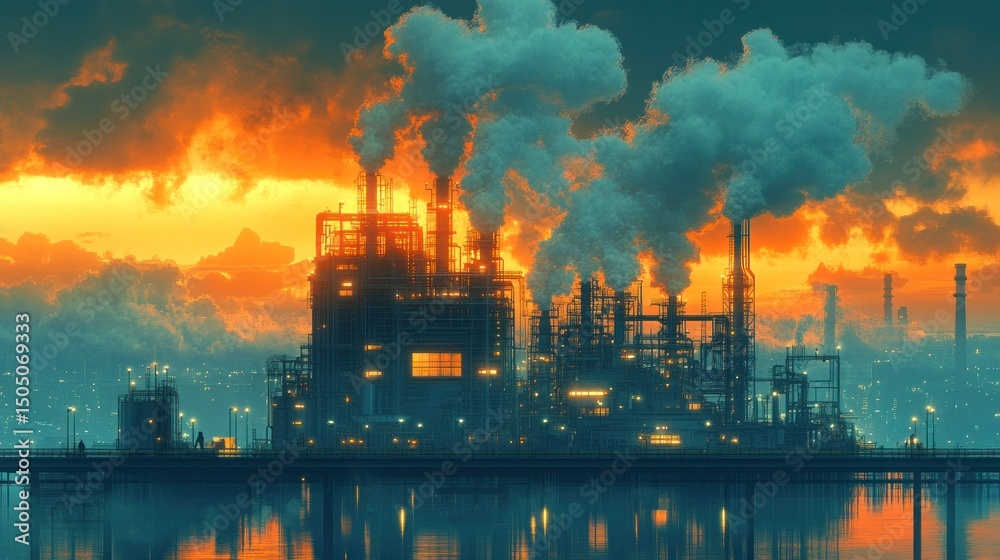 Fototapeta premium Industrial Sunset: A Reflection on Pollution and Progress