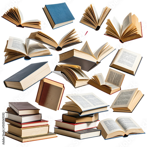  Books in Flight – Floating Stack of Books on Transparent Background